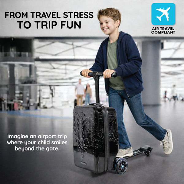 Child pushing a suitcase with a scooter in an airport, promoting a product for air travel compliance.
